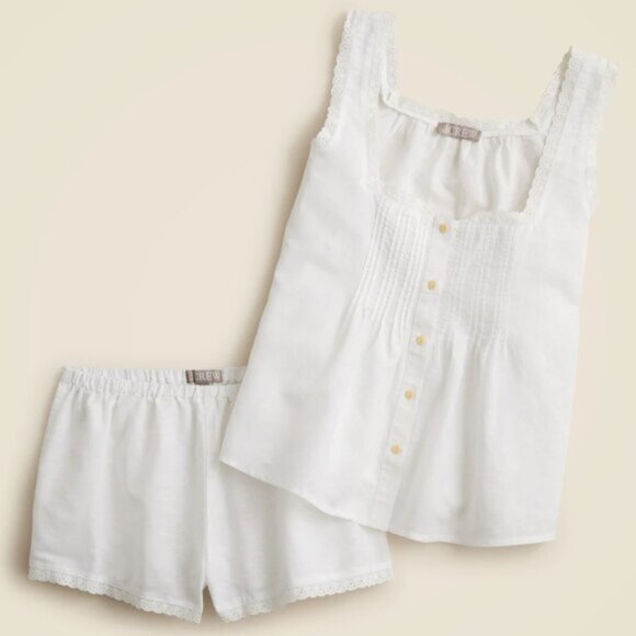 J Crew Women's Lace-trim camisole and pajama short set linen-cotton blend Small - Picture 1 of 6